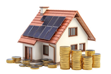 Modern house with solar panels and stacks of coins representing investment and sustainability,Isolated on transparent background