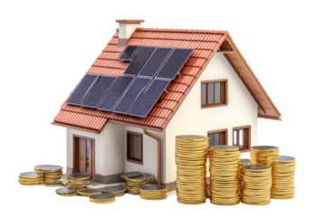 Modern house with solar panels and stacks of coins representing investment and sustainability,Isolated on transparent background