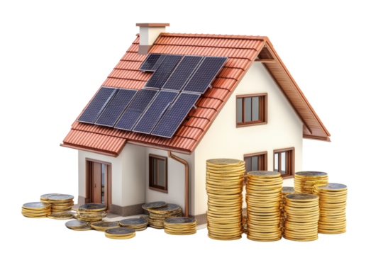 Modern house with solar panels and stacks of coins representing investment and sustainability,Isolated on transparent background
