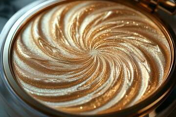 A close-up of a shimmering, swirled golden powder compact, showcasing intricate details of its lustrous surface.