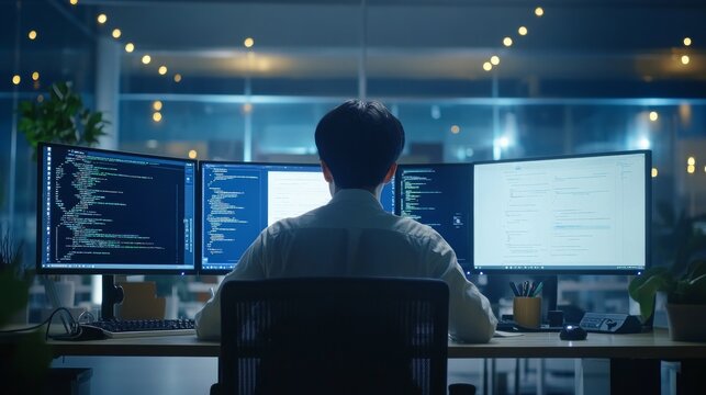 Sitting in front of the office computer display, an Asian prompt engineer creates a coding application using software data. 