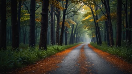 Fototapeta premium A winding road through a misty forest with autumn leaves on the ground.
