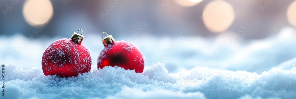 Aufkleber two red christmas baubles covered in snow resting on a frosty surface. perfect for christmas and new