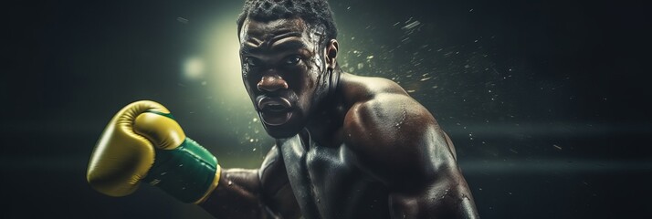 A determined boxer trains intensely in a dimly lit gym, showcasing strength and skill