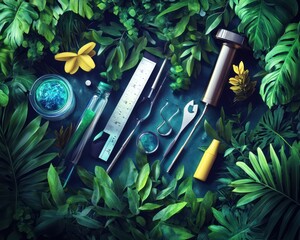 composition of tools and instruments used in environmental science surrounded by lush greenery and vibrant colors showcasing sustainability