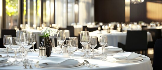 A close-up view of a white tablecloth with silverware and glasses, set for a formal dinner, in a restaurant with many other tables.