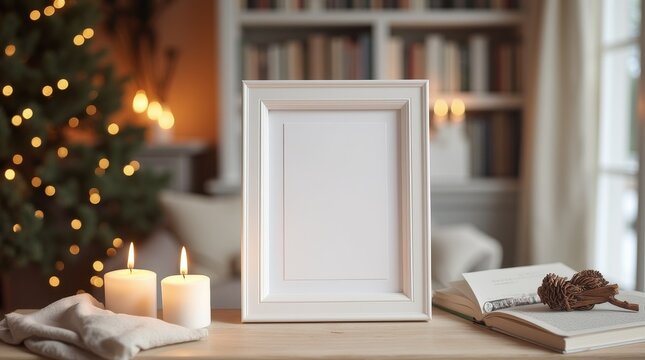 Simple and elegant decor with a blank white frame and candles arranged on a rustic table