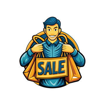 recommend clip art: Vector illustration of a smiling man holding two shopping bags with "SALE" written on them.