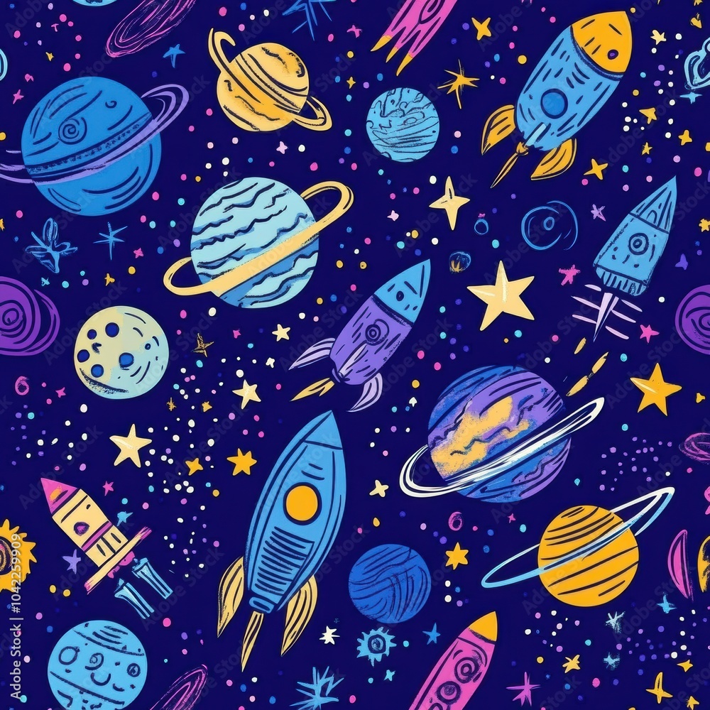 Poster a collection of cosmic-themed doodles featuring colorful planets, whimsical rockets, and sparkling s