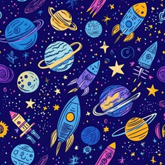 A collection of cosmic-themed doodles featuring colorful planets, whimsical rockets, and sparkling stars against a deep blue space backdrop. Generative AI