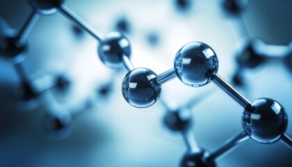 Close-up of a Molecular Model with Blue Spheres and Silver Bonds, 3D Rendering, Science, Chemistry, Research