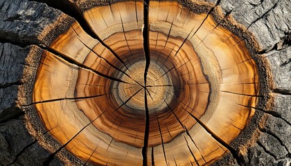 Fototapeta premium Close-up of a Tree Trunk Cross-Section with Visible Growth Rings, wood texture, tree rings, nature, forest