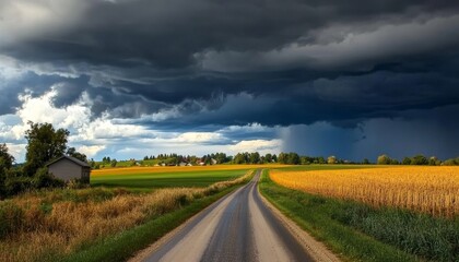 Obraz premium Country Road Through Stormy Skies, Wide Angle, Rural Landscape, Field, Farm, Storm Clouds, Countryside