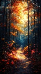 Fototapeta premium Autumn Forest Path Painting - Colorful Trees and Sunlight