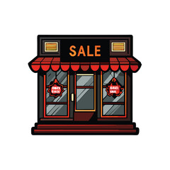 Vector illustration of a store window with a red awning and the word 