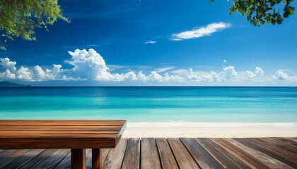 Fototapeta premium Wooden Tabletop Overlooking Serene Beach with Blue Skies and Lush Greenery, beach, tropical, summer