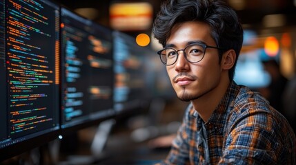 Software developer coding on multiple screens, utilizing cloud infrastructure for scalability and efficient workflow