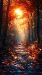 Fototapeta premium Autumn Forest Path: Golden Light Through Trees