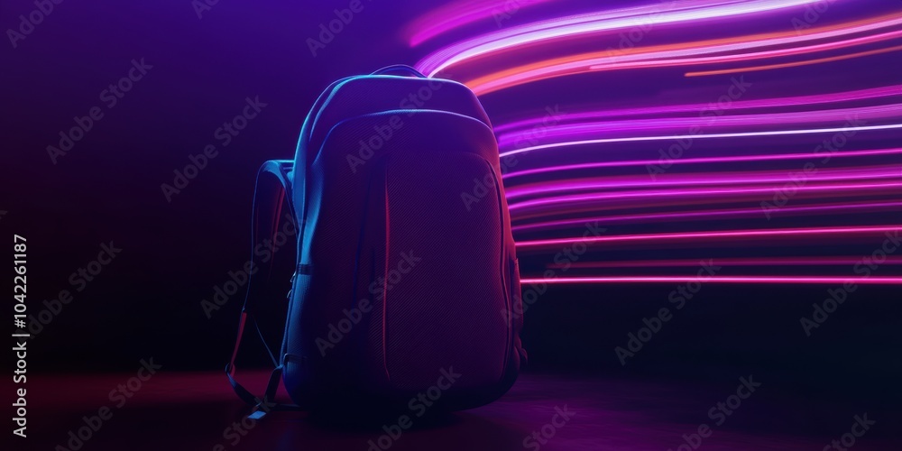 Poster Futuristic Backpack with Neon Light Trails: A striking depiction of a sleek backpack illuminated by colorful light streaks, perfect for travel or tech branding.