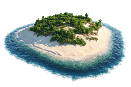 Tropical island with lush greenery surrounded by clear blue waters and sandy beaches,,Isolated on transparent background