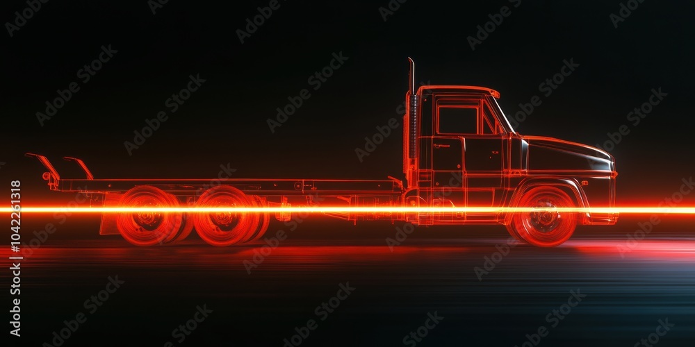 Poster Futuristic Truck: A vibrant neon outline of a flatbed truck against a dark background, ideal for technology or automotive concepts.