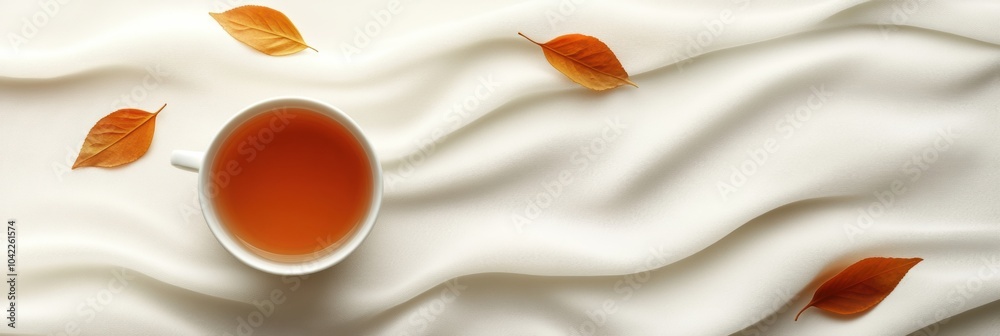 Poster a tea cup rests amidst softly waving leaves, creating a calm and cozy atmosphere perfect for an afte