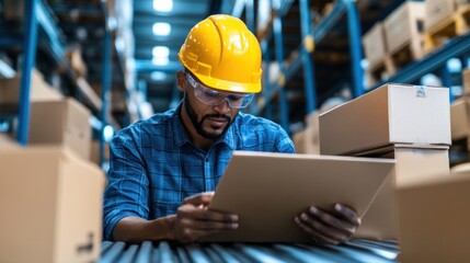 A skilled warehouse employee wearing a hard hat and safety glasses reviews shipment details while sitting at a table surrounded by cardboard boxes in a busy storage facility