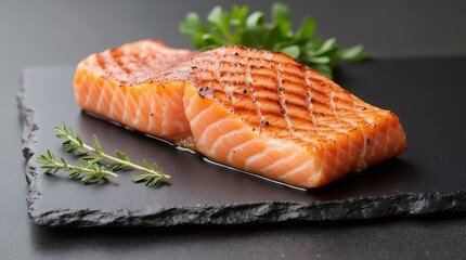Grilled salmon fillet garnished with fresh herbs on a slate plate ready for a delicious meal