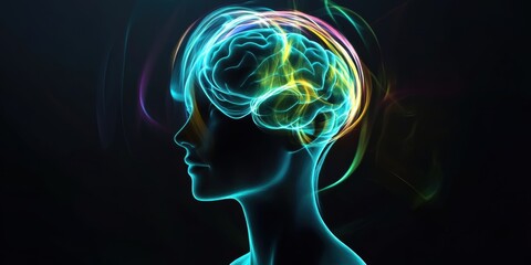 Abstract digital art of a brain with vibrant colors emerging from a silhouette, ideal for mental health themes and technology concepts.