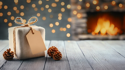 A Gift Label on a  Present and a Fireplace in the Background.