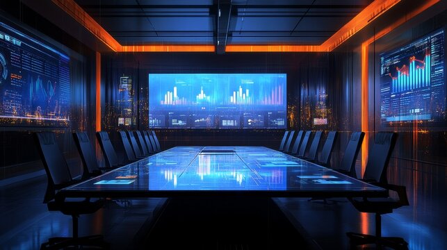 Futuristic conference room with interactive tables displaying holographic data analytics at dusk