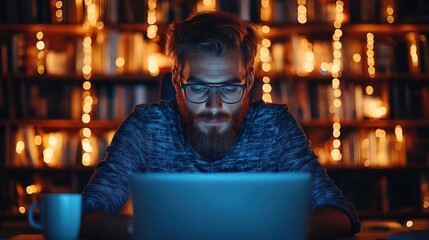 A person is focused on their laptop, surrounded by shelves filled with books while warm lights create a cozy atmosphere during a late-night work session. A cup is nearby, adding to the comfort
