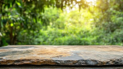 A flat, textured stone rests on a wooden surface amid lush greenery, with soft sunlight streaming through trees in a peaceful outdoor environment
