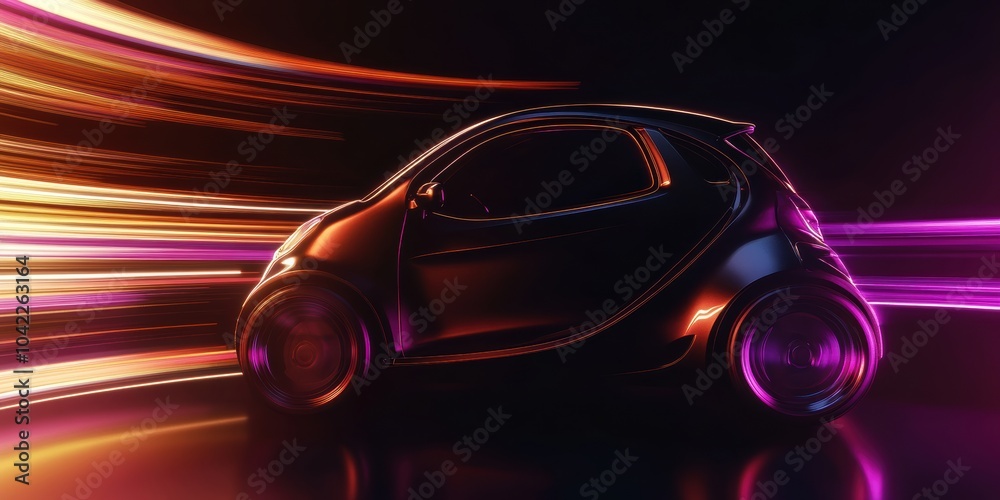 Poster Futuristic Car Silhouette: A sleek, dark vehicle with vibrant light trails in purple and orange, perfect for tech or automotive themes.