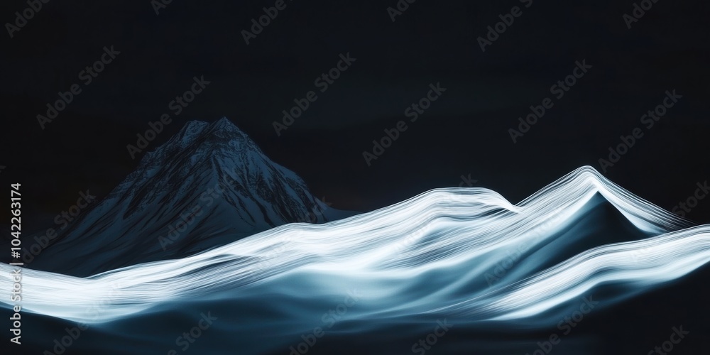 Sticker Abstract Night Landscape: Flowing Light Waves Against Dark Mountain Silhouette, Ideal for Modern Art Decor