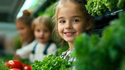 Family engages in vegetable harvesting from a thriving indoor hydroponic garden