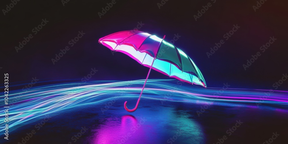 Poster Neon Umbrella: A vibrant, illuminated umbrella with multicolored lights against a dark background, ideal for arts, design or advertising projects.