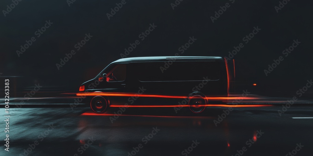 Poster Dynamic Nighttime Van: A sleek black delivery van in motion with glowing red light trails against a dark backdrop, perfect for transportation themes.