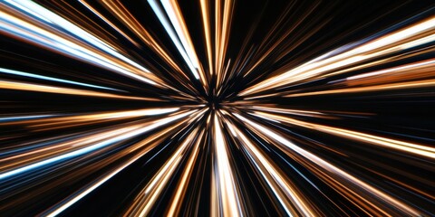 Fototapeta premium Dynamic light trails in a burst of colors, featuring vibrant streaks of orange, white, and blue against a black backdrop; ideal for abstract art.