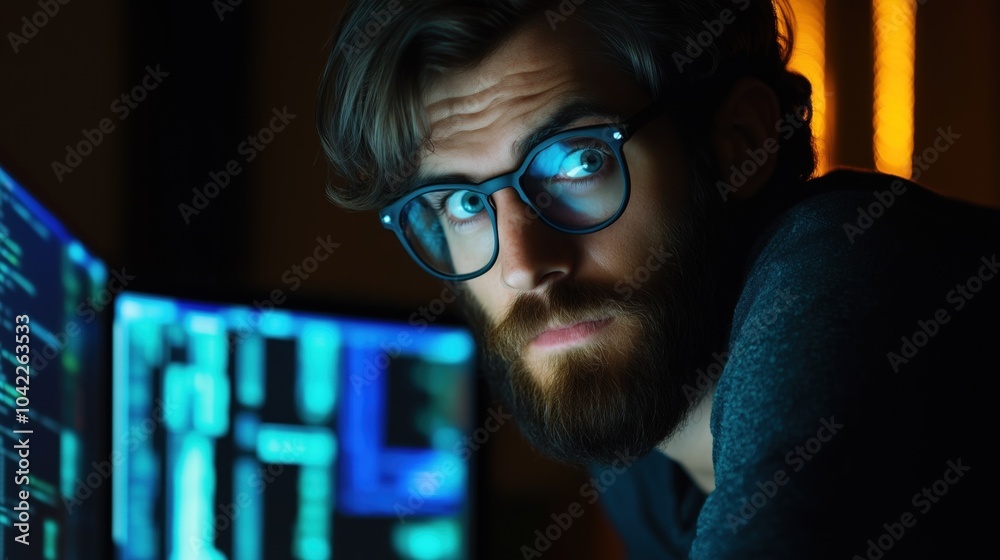 Poster a young man focuses on his programming work during the evening, illuminated by the glow of multiple 