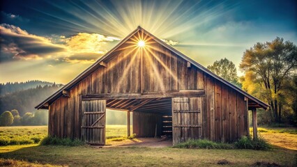 Obraz premium Reflected vintage wooden barn with sunlight shining through the roof, giving a warm and nostalgic feel