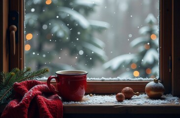 Winter background - cup with candy cane, woolen scarf and gloves on windowsill and winter scene...