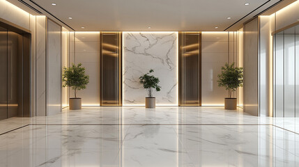 Fototapeta premium Modern Lobby Interior Design with Marble Wall Gold Accents and Plants