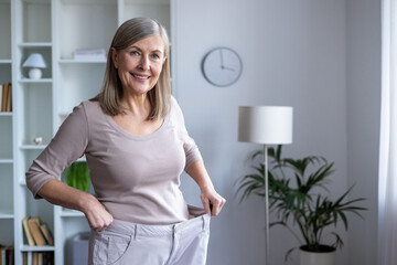 Older woman proudly displaying oversized pants in living room, showcasing weight loss success and happiness. Her confident smile reflects personal achievement, wellness, healthy lifestyle.