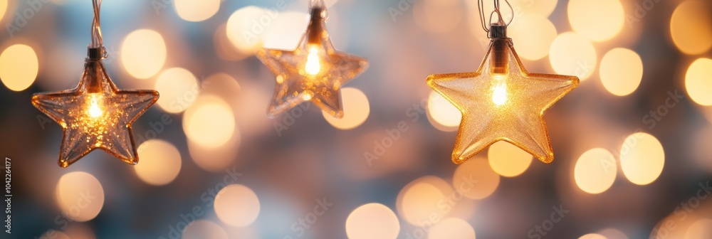 Poster hanging star lights shimmering softly against a festive bokeh backdrop. ideal for holiday greeting c