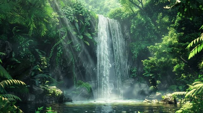 Breathtaking waterfall cascading through lush green forest with golden sun rays  
Seamless looping 4k time-lapse virtual video animation Generated AI