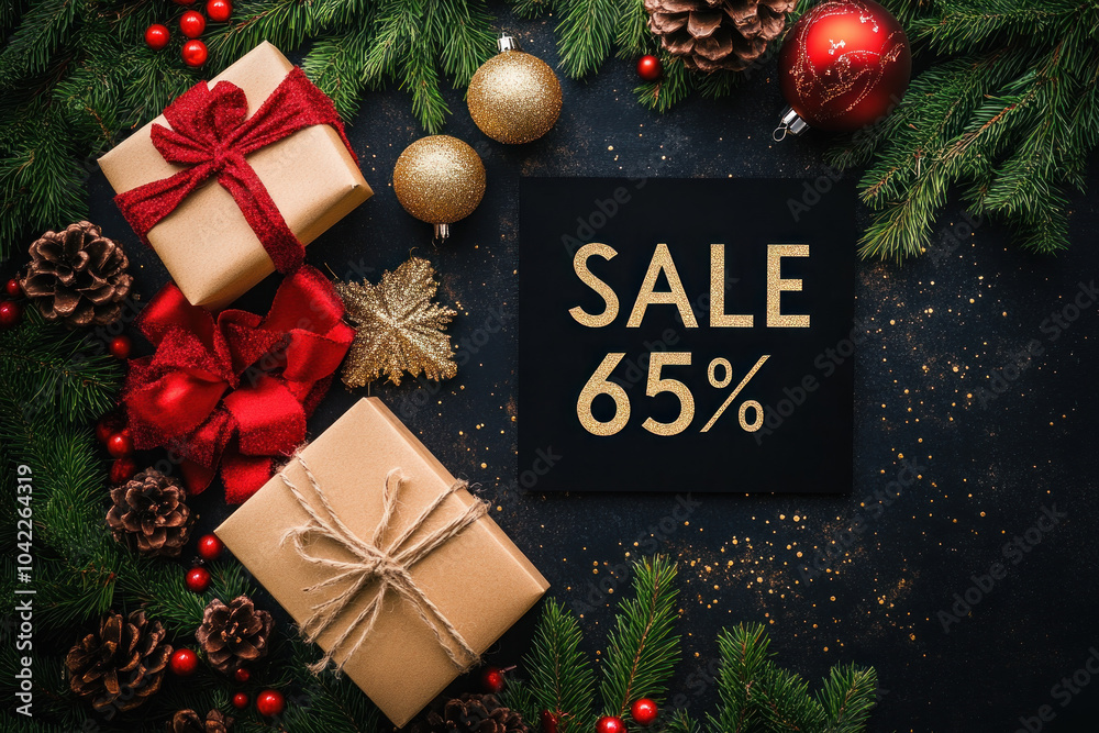 Poster Christmas background with sign 65% sale.  