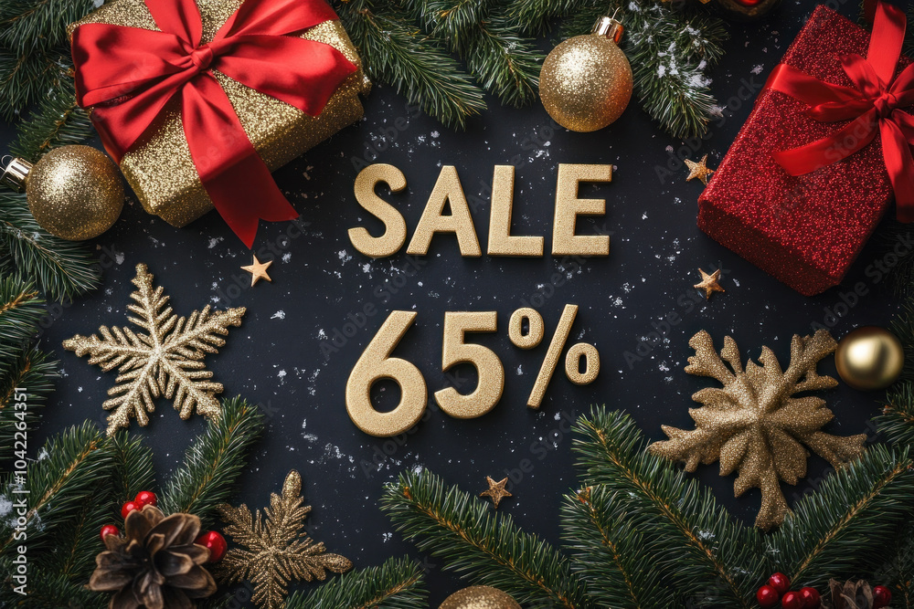 Poster Christmas background with sign 65% sale.  