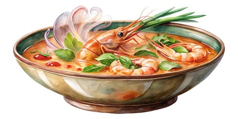 Reflected watercolor clipart of a steaming bowl of Tom Yum Goong brimming with plump shrimp