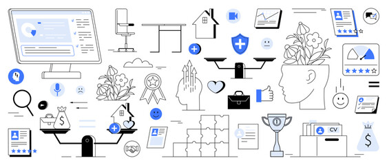 Variety of elements including a balance scale with money, a computer, documents, office supplies, plants growing out of a head, and charts. Ideal for productivity, office, technology, business